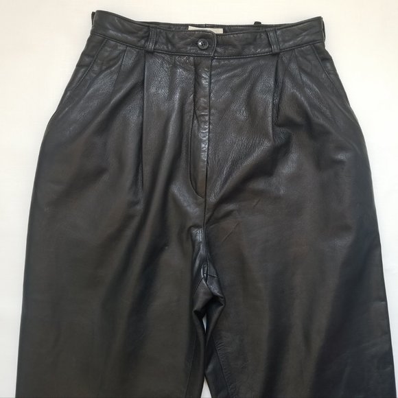 27x29 Vakko Vintage 6 Black Leather High Waisted Pleated Pants 80s Made in USA - Picture 3 of 10
